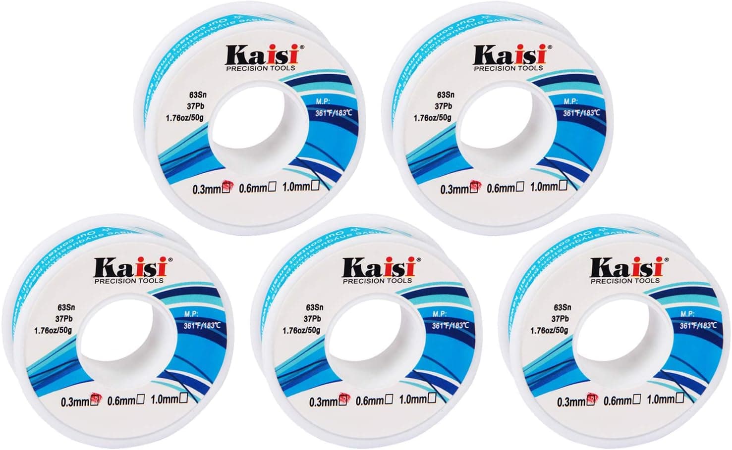 Kaisi Solder Wire 63/37 Tin/Lead Sn63Pb37, Flux 2%, with fluxed rosin core, 1.76oz/50g (0.3mm) 5 PACK