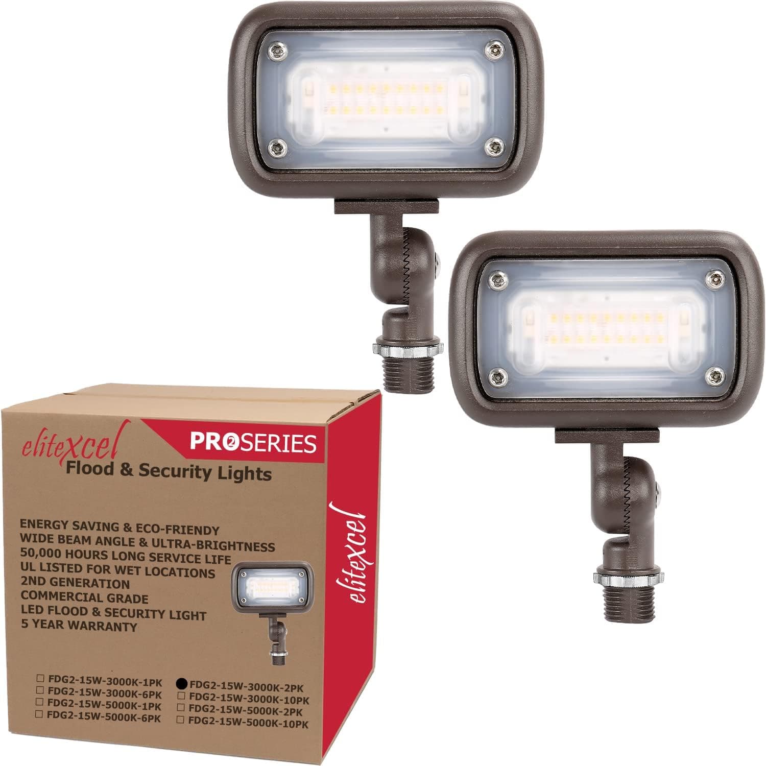 Elitexcel LED Flood Light Outdoor, Gen2 15W Landscape Tree Lights, 1370 Lumen 50W Replacement Waterproof Backyard Security Lights, 3000K Warm White, 1/2" Knuckle Mount, 120-277V and 5 Year Warranty