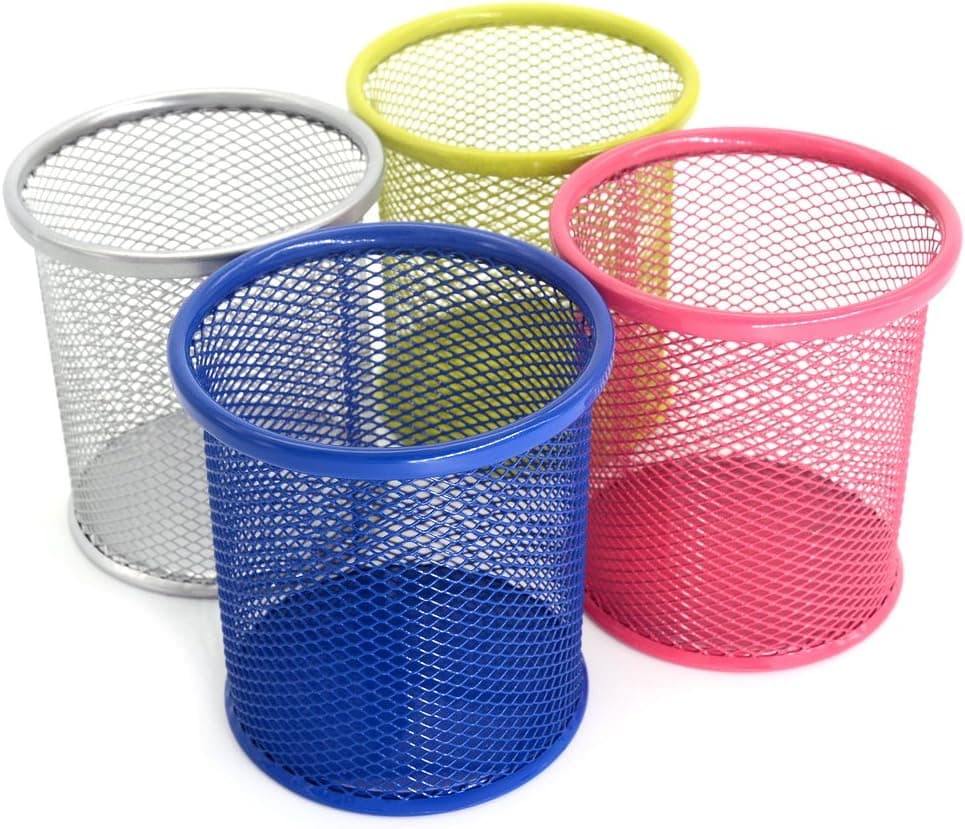 Forliver Mesh Pen Holder 4 inch Metal Pen Organizer Pencil Cup for Desk Office Pencil Holders, 4 Pack (Colorful)