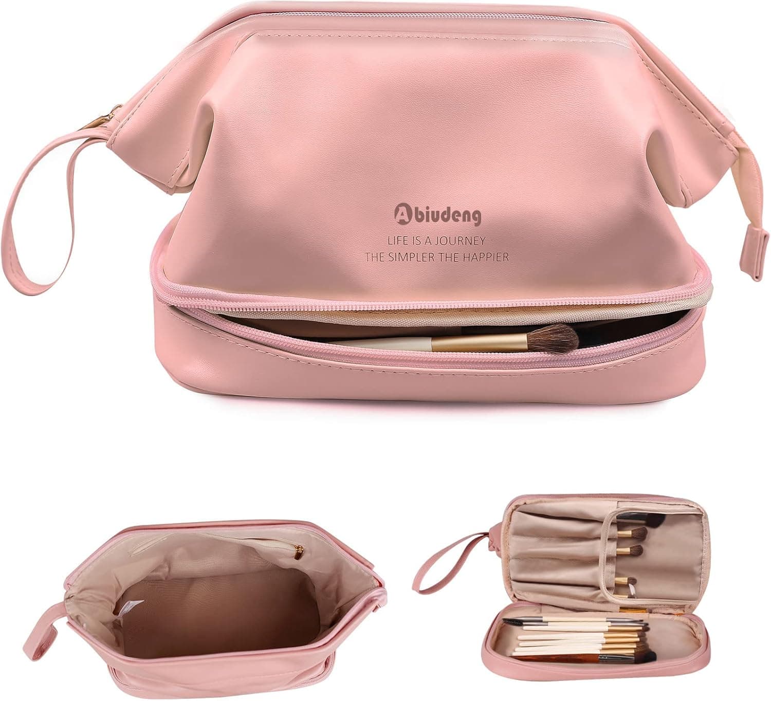 Abiudeng Double Layer Makeup Bag,Travel Makeup Bag,Large Capacity Travel Cosmetic Bag,Toiletry Bag for Women,Checkered Makeup Bag,Portable Leather Toiletry Bag,Luxury Makeup Bag-Pink