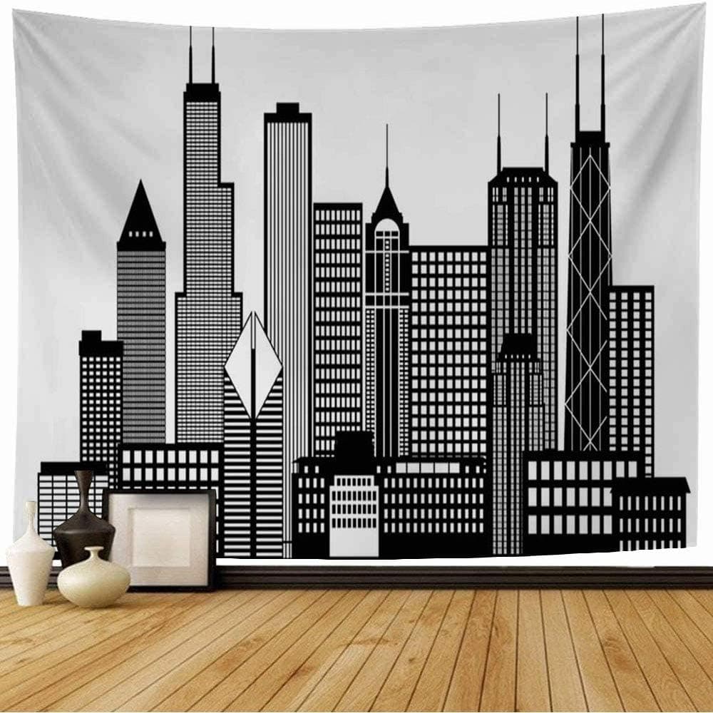 Starodal Tapestry Drawing Chicago Commercial City Skyline Panorama Il Black Outline Abstract Clipart Line White Bank Tapestry Wall Hanging Beach Tapestry for Dorm Decor 80x60 Inch