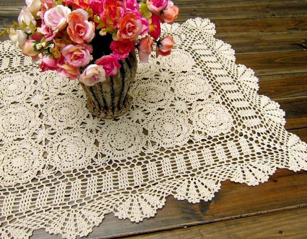 Damanni Rectangular Cotton Handmade Crochet Lace Table Runner Doilies Table Dresser Scarf Décor,19 Inch by 35 Inch,Beige