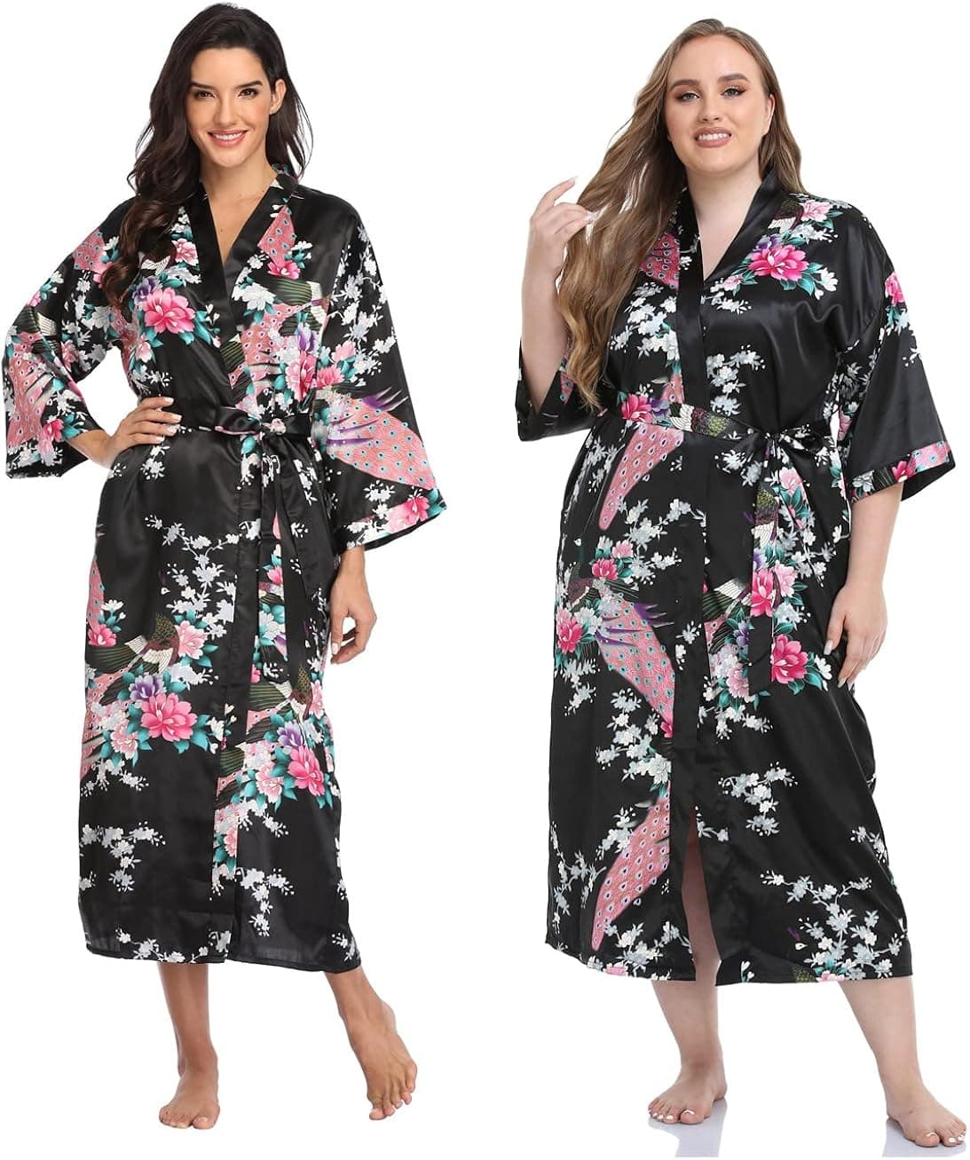 Super Shopping-zone Women's Floral Long Silk Kimono Robes Satin Dressing Gown Peacock Blossoms
