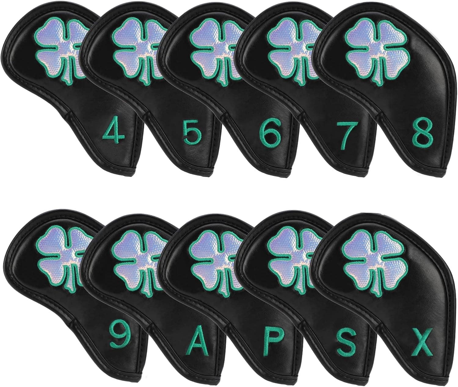 Number-one Golf Iron Covers, 11Pcs Thick Synthetic Leather Iron Head Covers with Number Embroideried and Four Leaf Pattern, Golf Iron Head Covers Set for Most Brand Golf Iron Sets, Golf Wedges