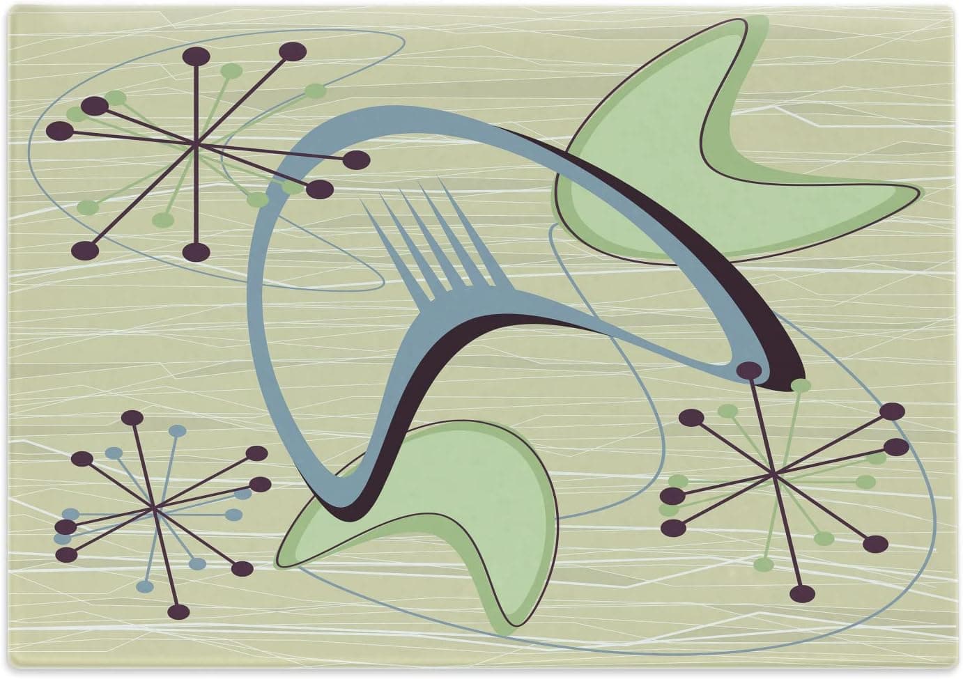 Lunarable Retro Cutting Board, Abstract Mid Century Modern 1950's Inspired Atomic Boomerang Like Ornaments, Decorative Tempered Glass Cutting and Serving Board, Large Size, Beige Multicolor