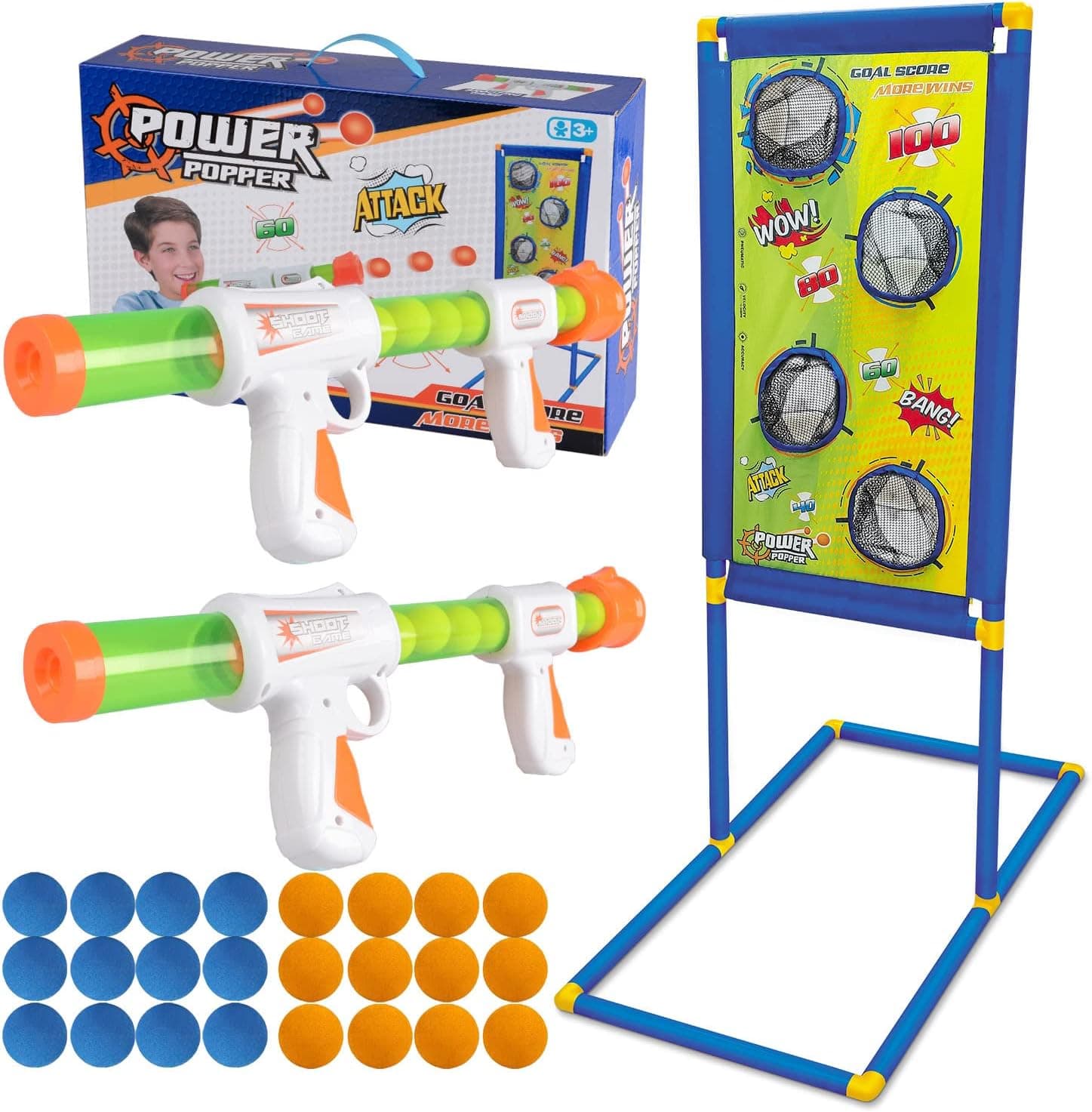 KOVEBBLE Shooting Target with 2pk Foam Ball Popper, Target Stand Toy Foam Blaster for Kids, Shooting Games Set, Girl Boy Toys Gift for Age 5 6 7 8 9 10+ (L-32x16x44inch)