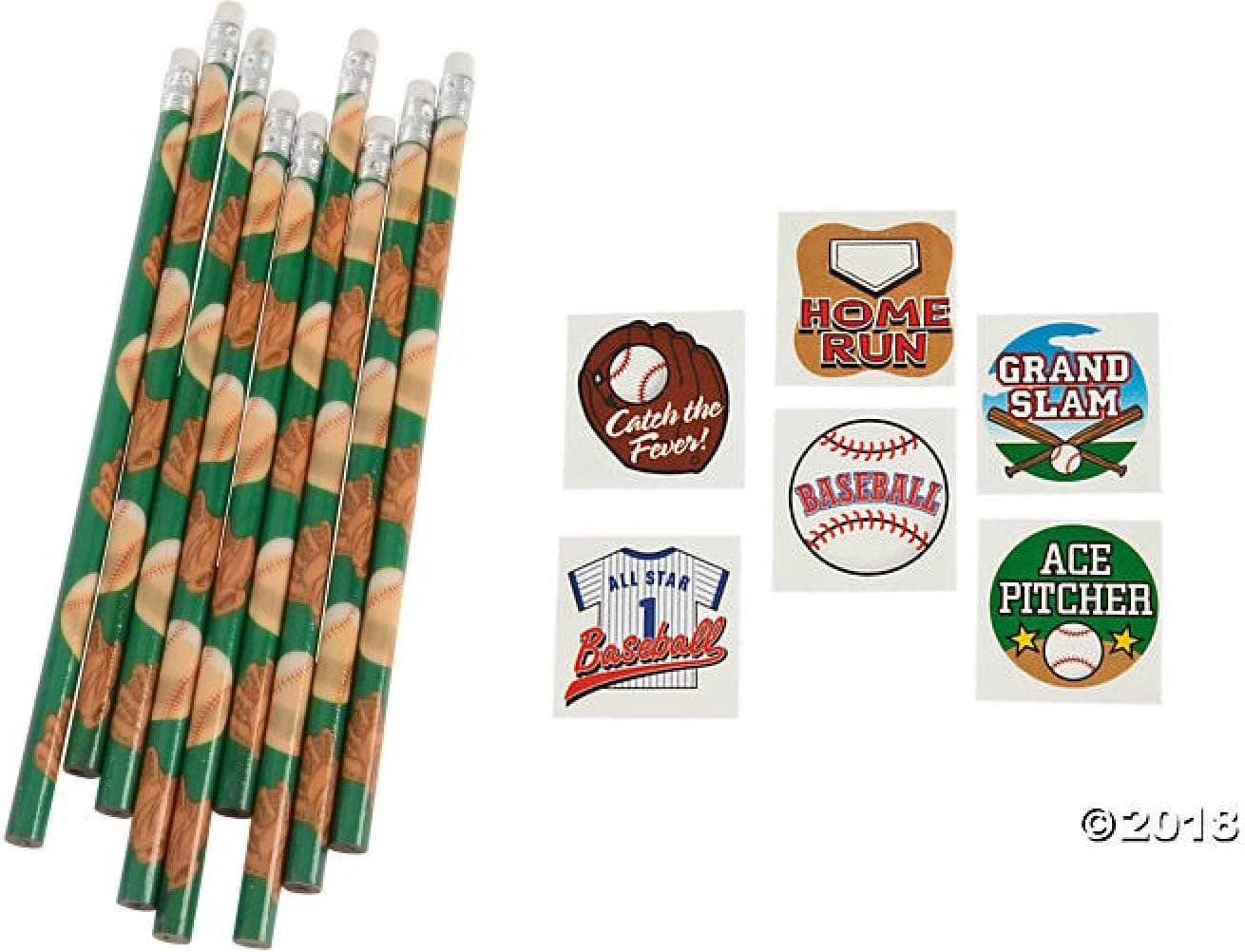 156 pce. Baseball Theme Party Favors / 12 Pencils/144 Temporary Tattoos