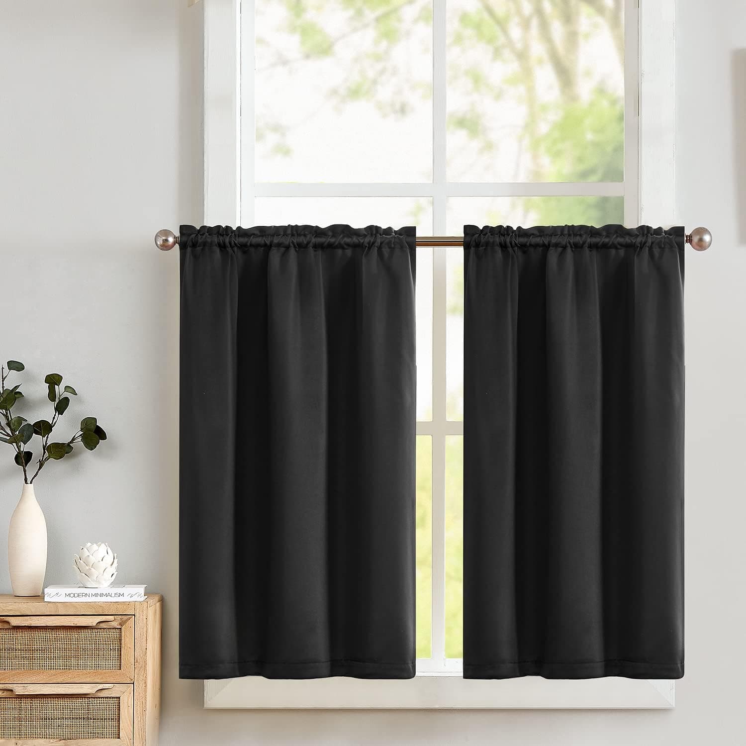 Lazzzy Black Kitchen Curtains Blackout Thermal Insulated Cafe Curtains 45 Inch Black Out Tier Curtains for RV Camper Basement Bathroom Living Room Darkening Short Half Window Drapes 2 Panels