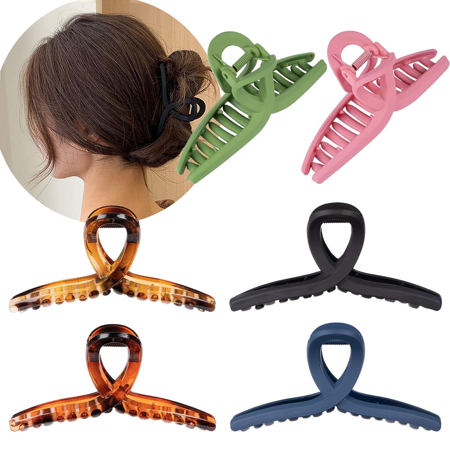 Whaline Hair Claw Clip 6 Color Hair Catch Clip Smooth & Matte Solid Leopard Print Hair Jaw Clamp Strong Hold Nonslip Hair Styling Accessories for Women Girl Thick Fine Hair, 4.3 Inch