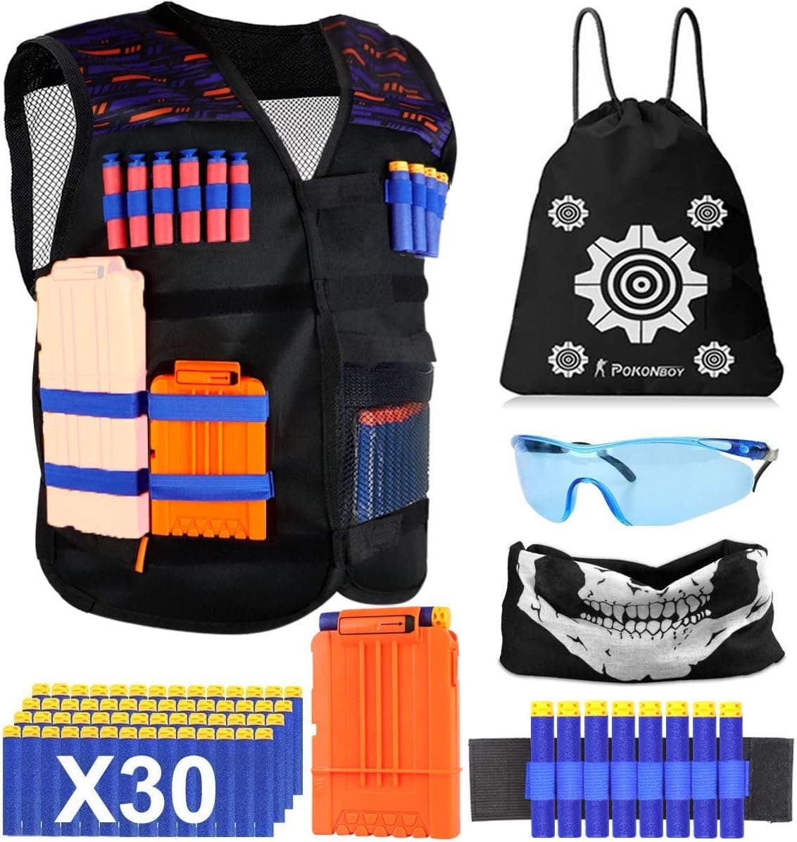 POKONBOY Upgraded Kids Tactical Vest Kit Compatible with Nerf Guns N-Strike Elite Series with Refill Darts, Reload Clip, Tactical Mask, Wristband, Protective Glasses and Storage Bag for Boys Girls