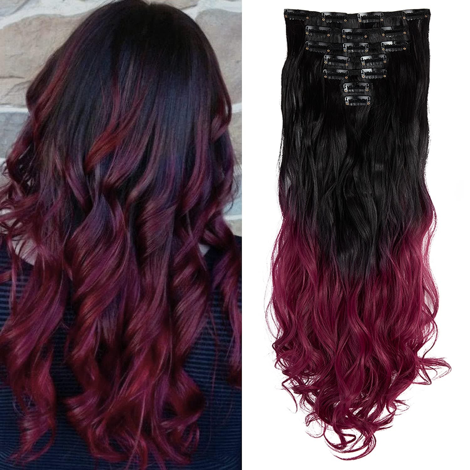 FUTATA 7Pcs 16 Clips 24 Inch Wavy Curly Full Head Clip in on Double Weft Hair Extensions for Women Girls, Black To Wine Red