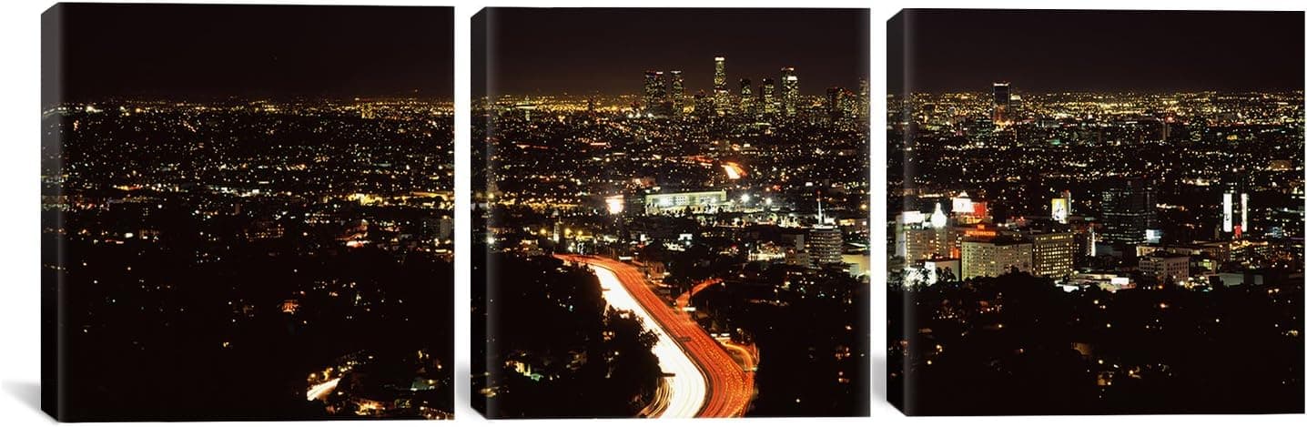 iCanvasART 3-Piece Hollywood Lit Up at Night, City of Los Angeles, California by Panoramic Images Canvas Art Print, 48 by 16-Inch