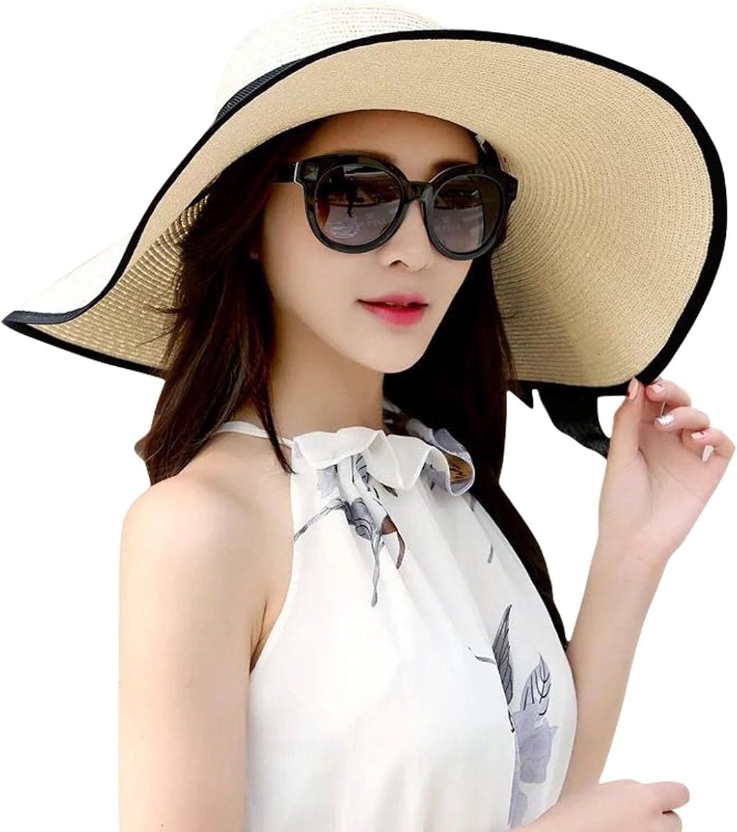 Lanzom Womens Big Bowknot Straw Hat Large Foldable Roll up Sun Hat Beach Cap UPF 50+