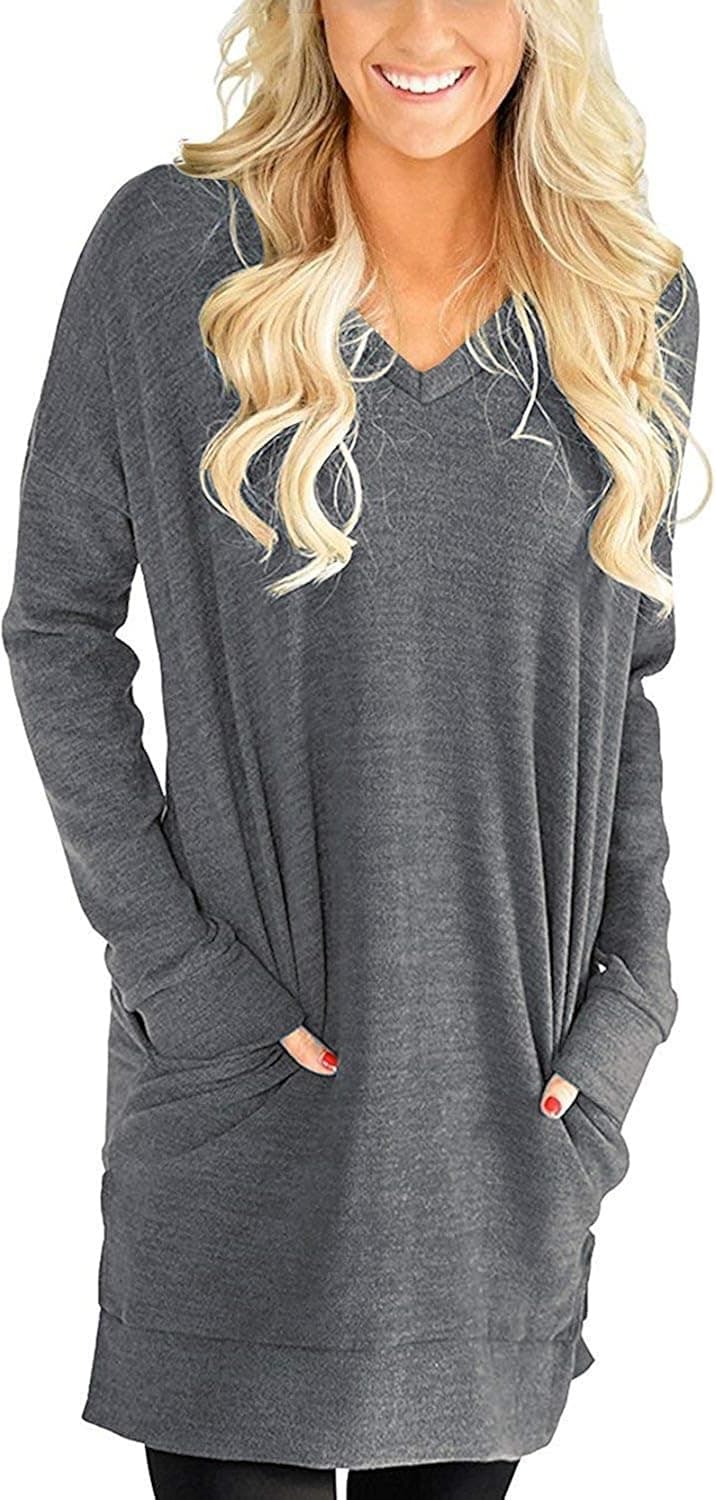 Roshop Womens Casual V-Neck Long Sleeves Pocket Solid Color Shirt Tunics Blouse Tops (Dark Grey, M)