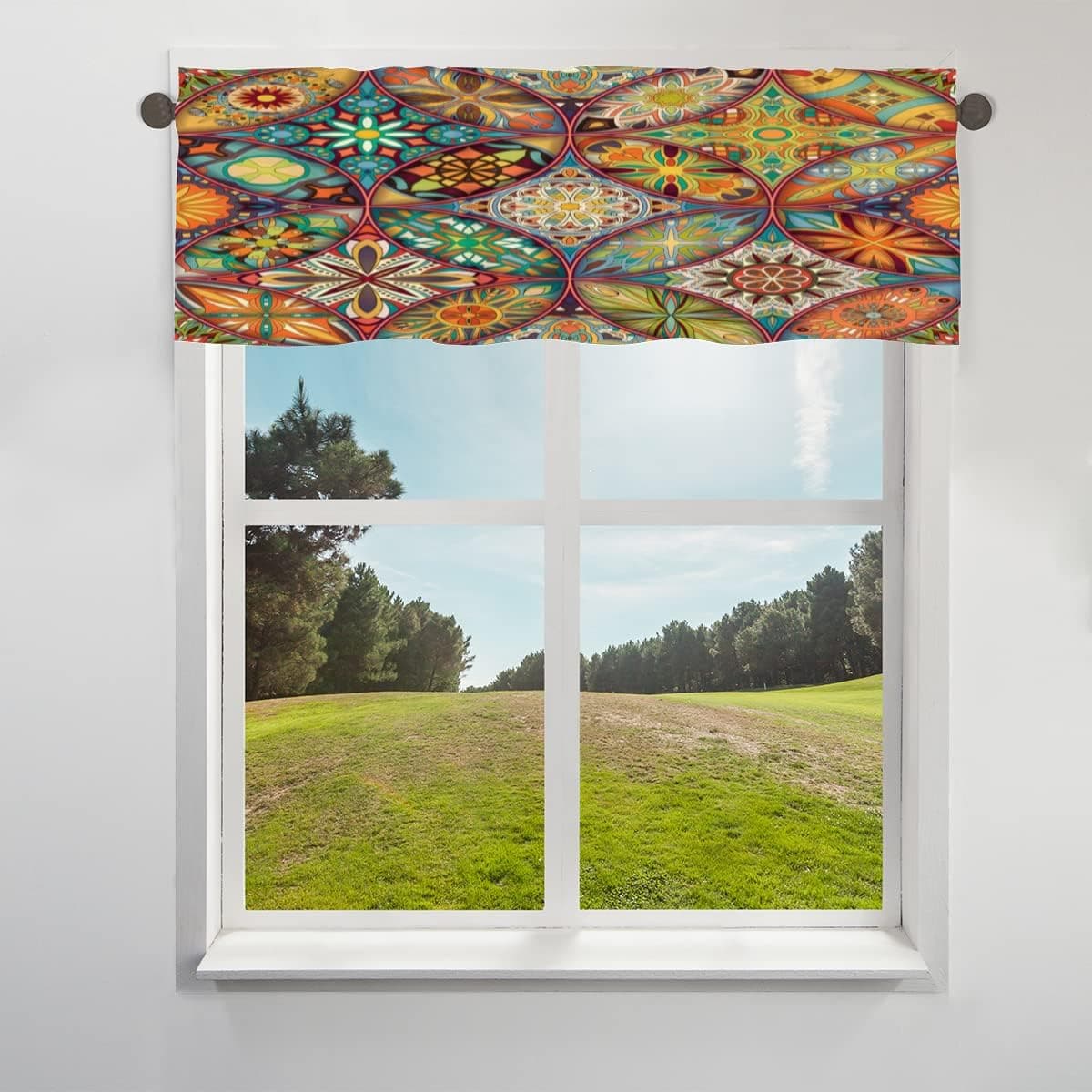 Funky Qiu Valances for Windows Ethnic Bohemian Mandala Flower Blackout Window Valance Rod Pocket Window Curtain Treatment Valance for Kitchen Living Room Bedroom 42*12inch