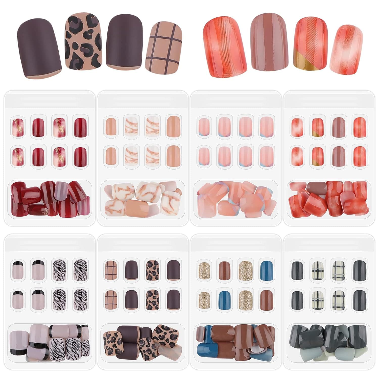 192 Pieces 8 Boxes Short Press on Nails, EBANKU Short Square Fake Nails Colorful Acrylic False Nails Full Cover Short Glossy Artificial Nail Tips with Adhesive Tabs for Women Girl Nail Art Decoration
