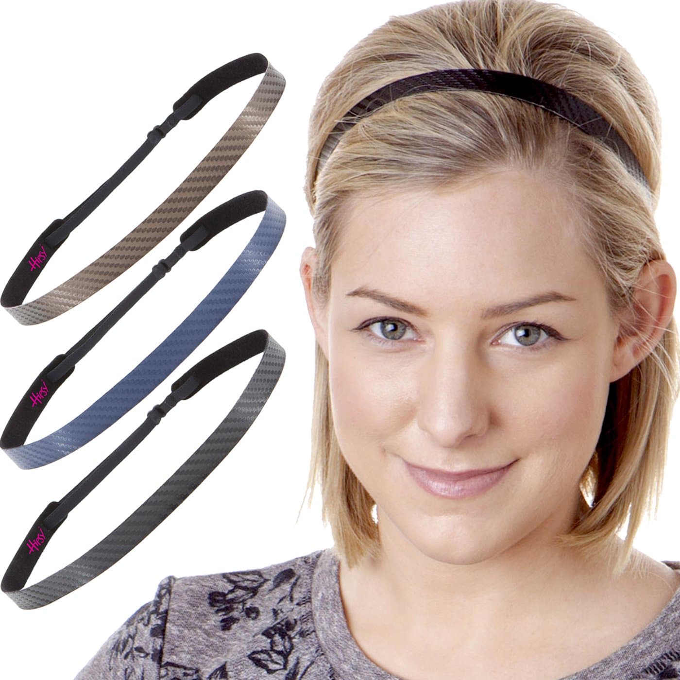 Hipsy Women's Adjustable NO Slip Skinny Tech Sport Headband Multi Packs (Black/Navy/Brown 3pk)