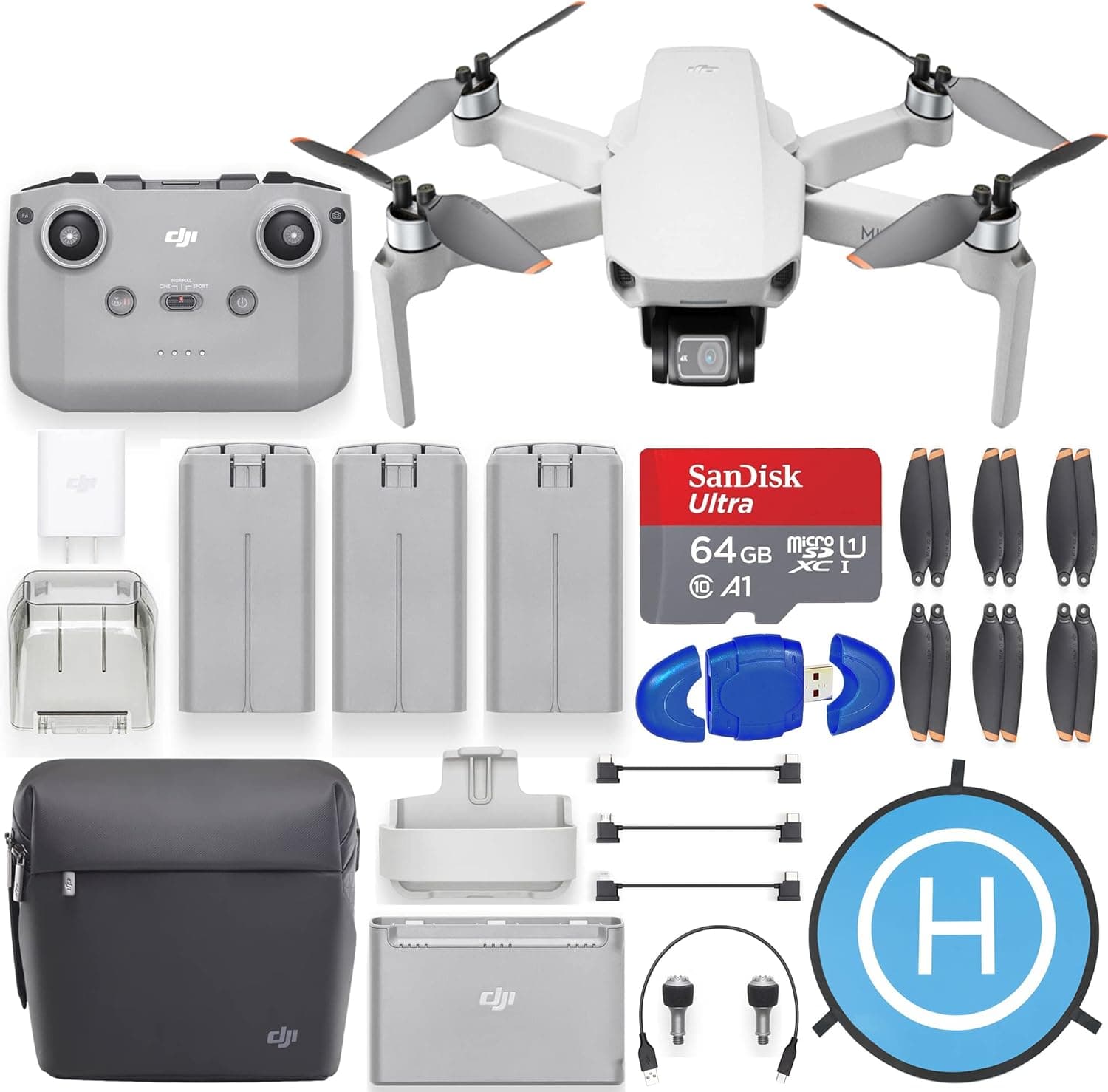 Digital Village DJI Mini 2 Fly More Combo Drone Quadcopter with 4K Camera Bundle with SanDisk 64GB MicroSD Card, Landing pad Kit with Pilot Bundle