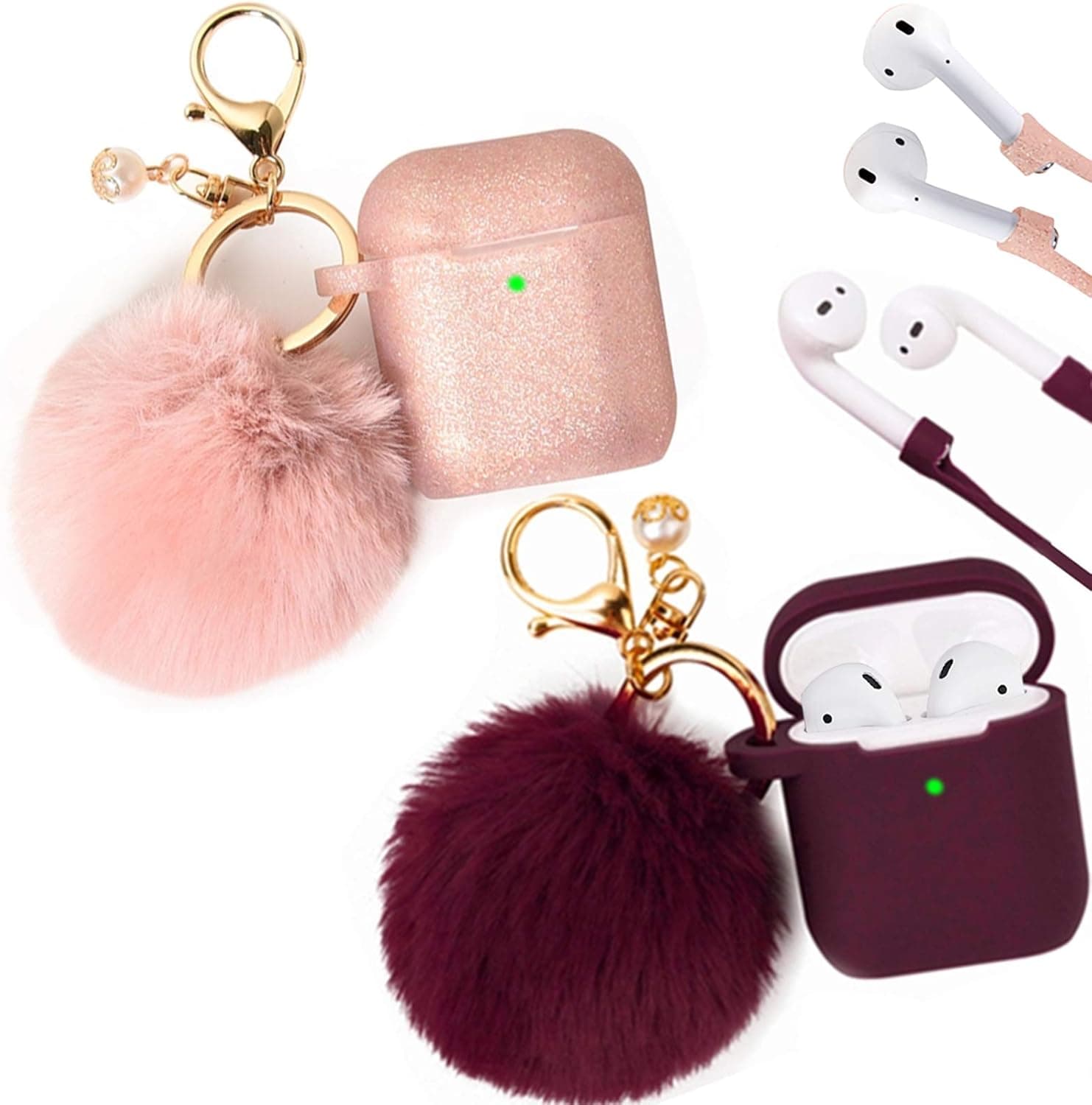 Filoto Case for Airpods, Filoto Airpod Case Cover for Apple Airpods 2&1 Charging Case, Cute AirPods Silicone Soft Case Accessories Keychain/Skin/Pompom/Strap (Burgundy+Rose Gold)