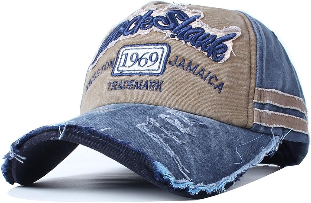Vankerful Unisex Washed Denim Cotton Distressed Baseball Caps Adjustable Snapback Fashion Embroidered Hip Hop Trucker Hat Navy Brown