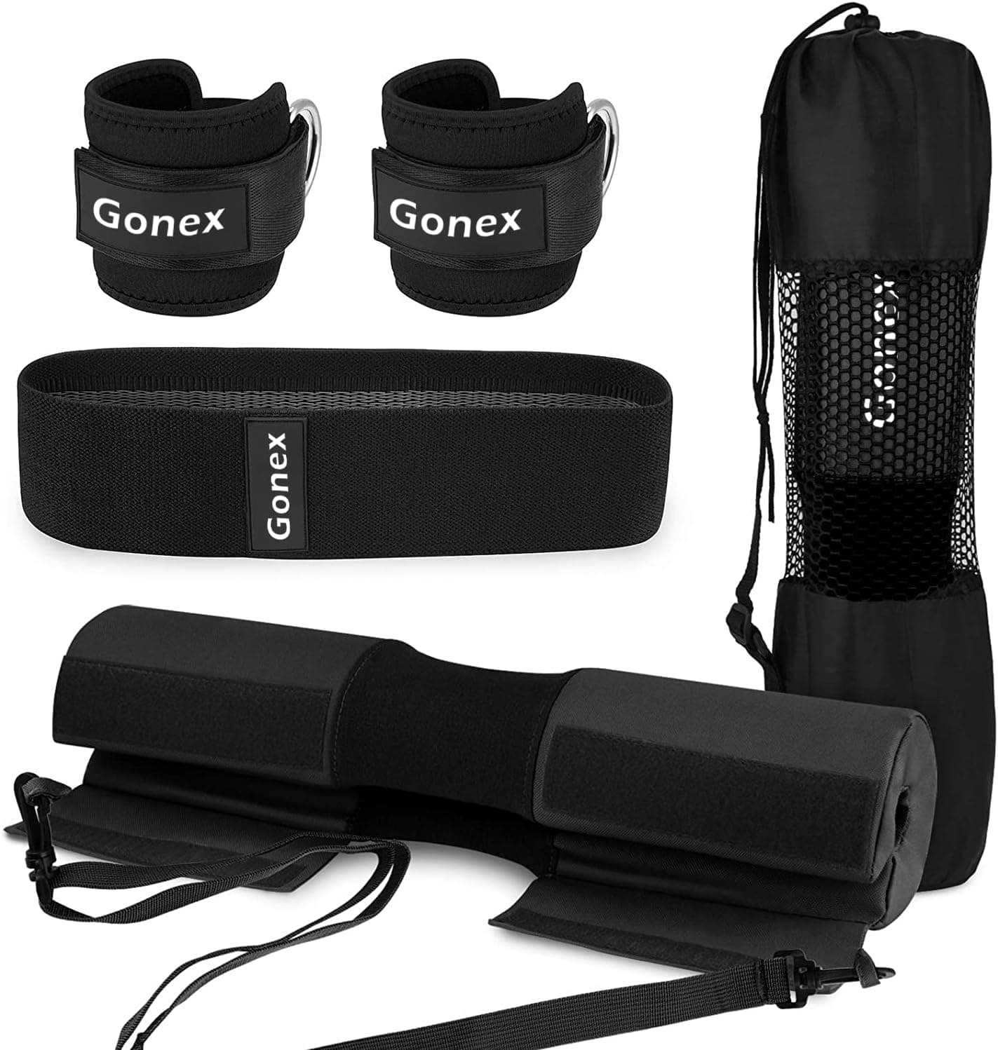 Gonex Barbell Pad Set for Squats Hip Thrusts Upgraded Bar Neck Pads Workout Foam Weightlifting Cushion with 2 Gym Ankle Straps Hip Resistance Band Fits Standard Olympic Bars with a Carry Bag
