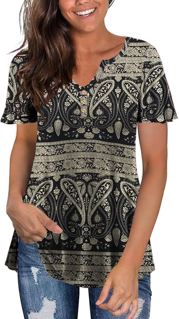 Tralilbee Women's Plus Size Long Sleeve Flowy Henley Shirt V Neck Tunic Tops