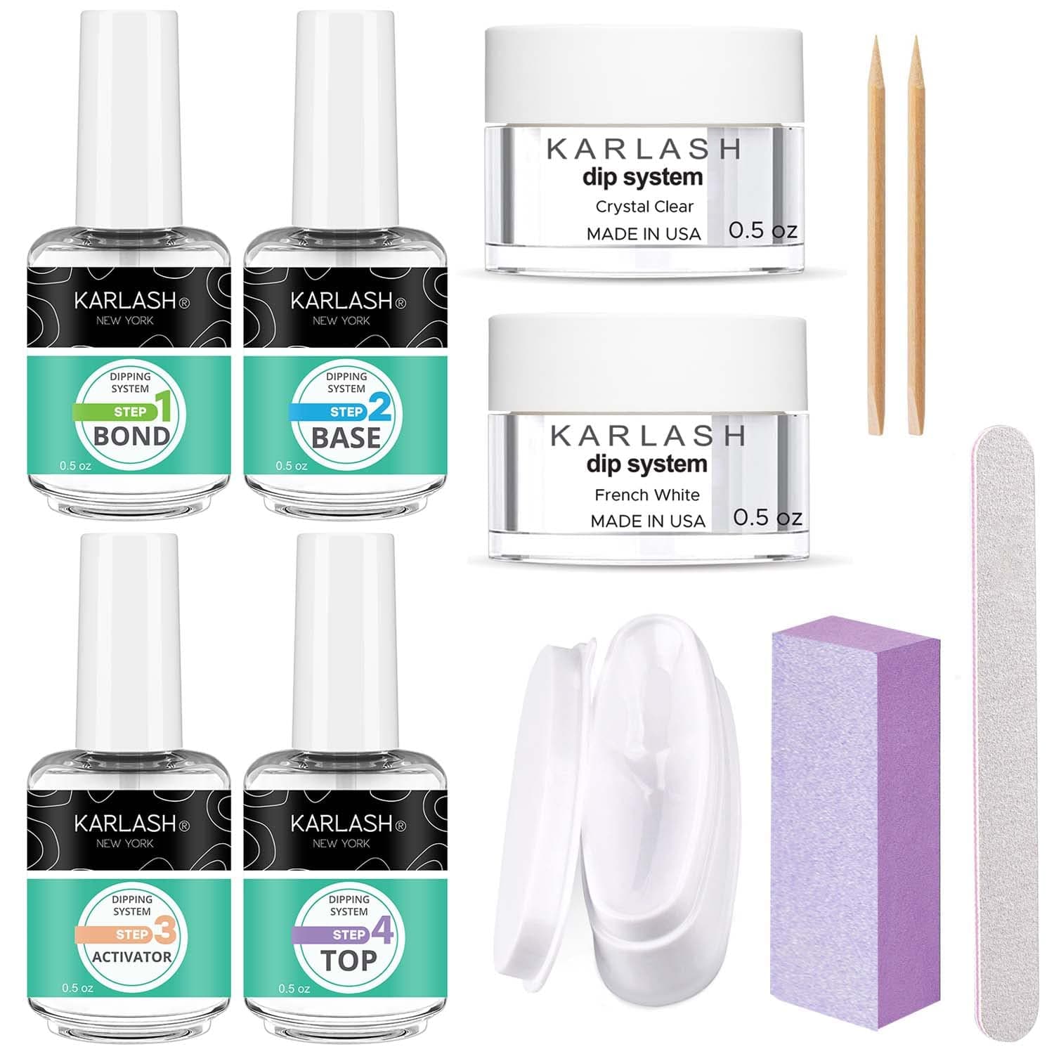 Karlash Dip Powder Kit French White Kit, USA MADE, 15ml Bottles, Bond, Top Coat, Base Coat, Activator, Crystal Clear, French/Pure White Powder, File, Buffer, Easy Nail Art Without UV Lamp Cure Nail
