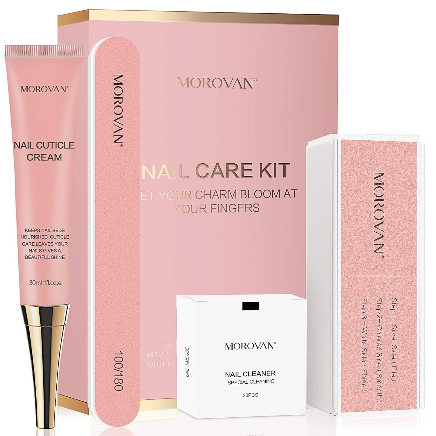 Morovan Nail Buffer and Shine Kit - Nail Strengthening Cuticle Softener Professional Nail File 20PCS Alcohol Prep Pads 3-Way Nail Buffer Block with Free Replacement Pads Nail Buffer File Set for Healthy Nails