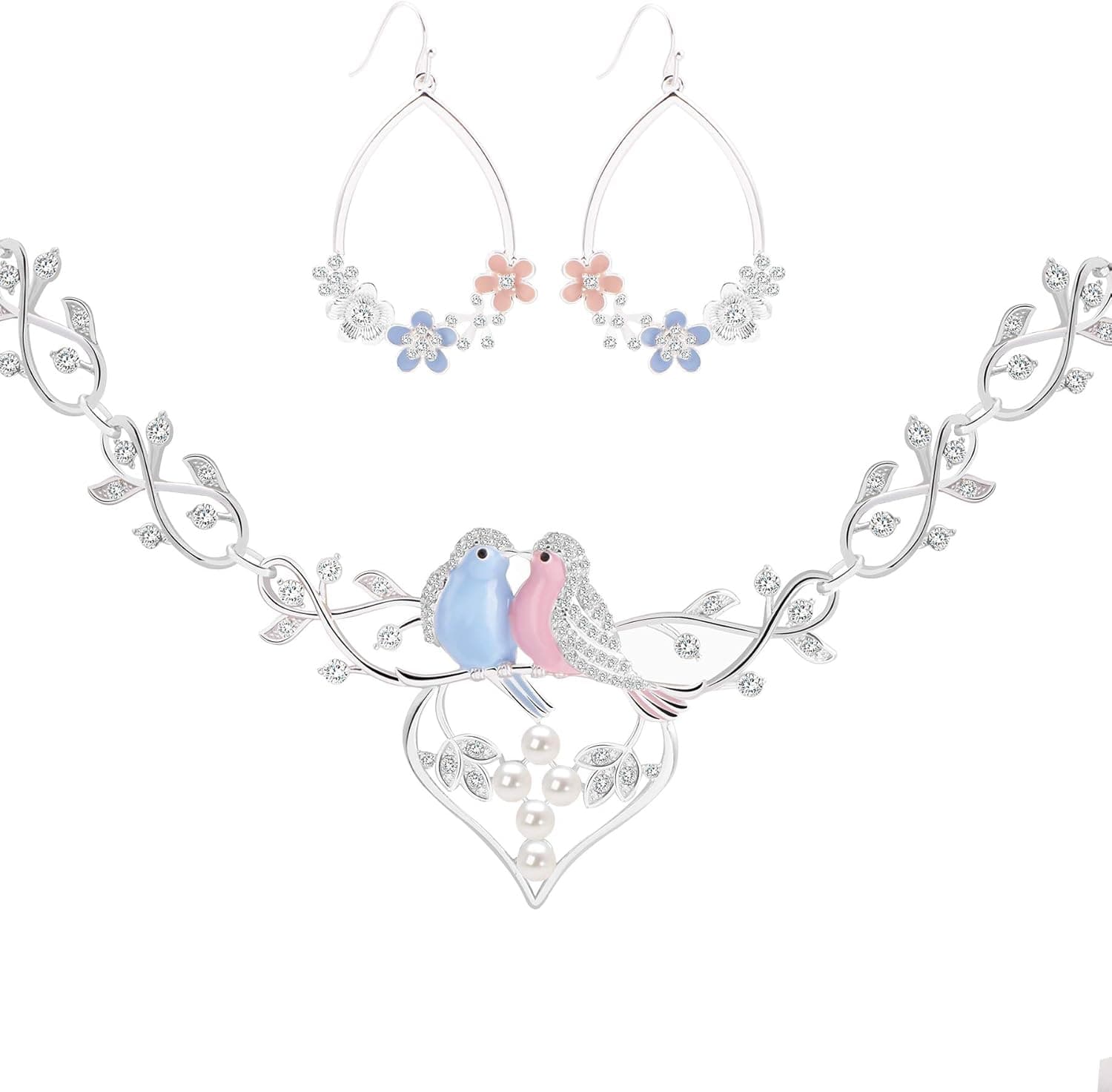Silver Infinity Lovebirds Necklace Earrings Jewelry Set for Bride,Bridal Jewelry Set for Wedding