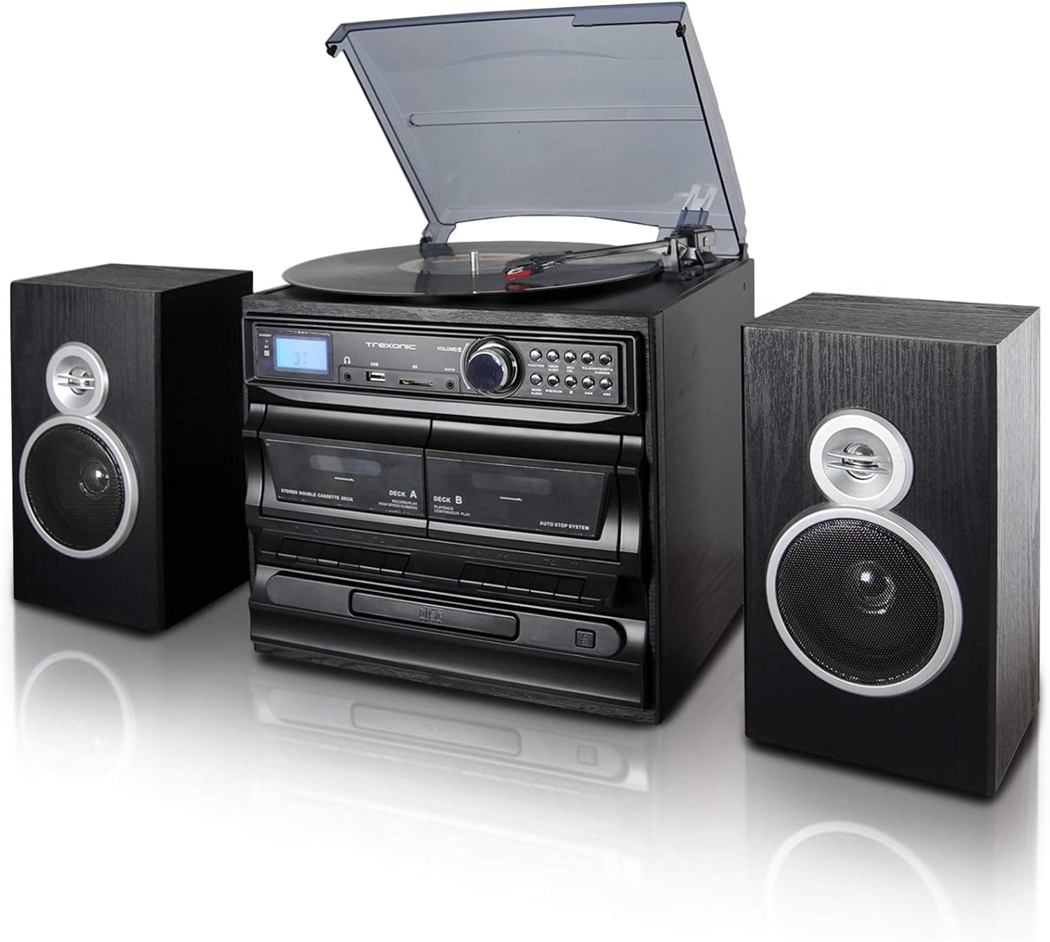 Trexonic 3-Speed Turntable with CD Player, Dual Cassette Player, Bt, FM Radio & USB/SD Recording and Wired Shelf Speakers