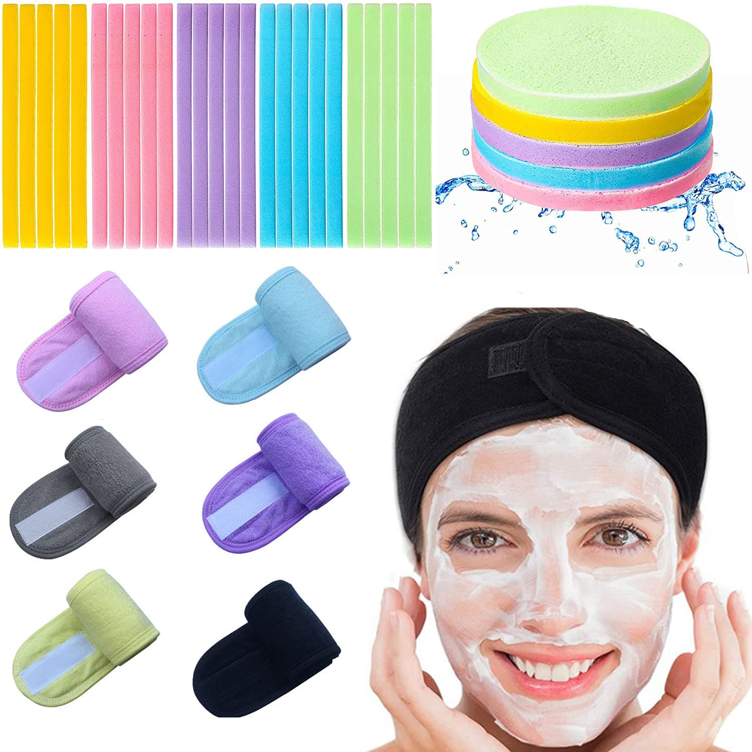 6Pcs Spa Facial Headbands, 60Pcs Compressed Face Removal Sponge Pad, Makeup Washing Face Headband,Wrap Head Stretch Towel, Hair accessories for Yoga Sports Running Outdoor Activities and Shower Bath