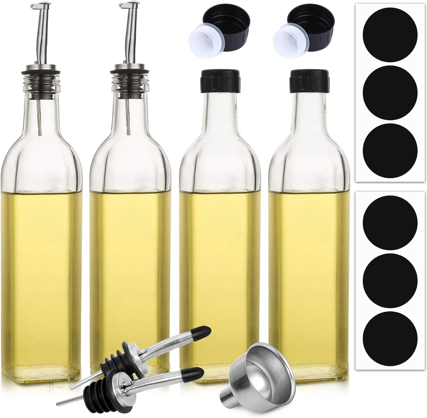 AOZITA 4-Pack 17oz Glass Olive Oil Dispenser Bottle - 500ml Clear -Oil & Vinegar Cruet with Pourers and Funnel - Olive Oil Carafe Decanter for Kitchen
