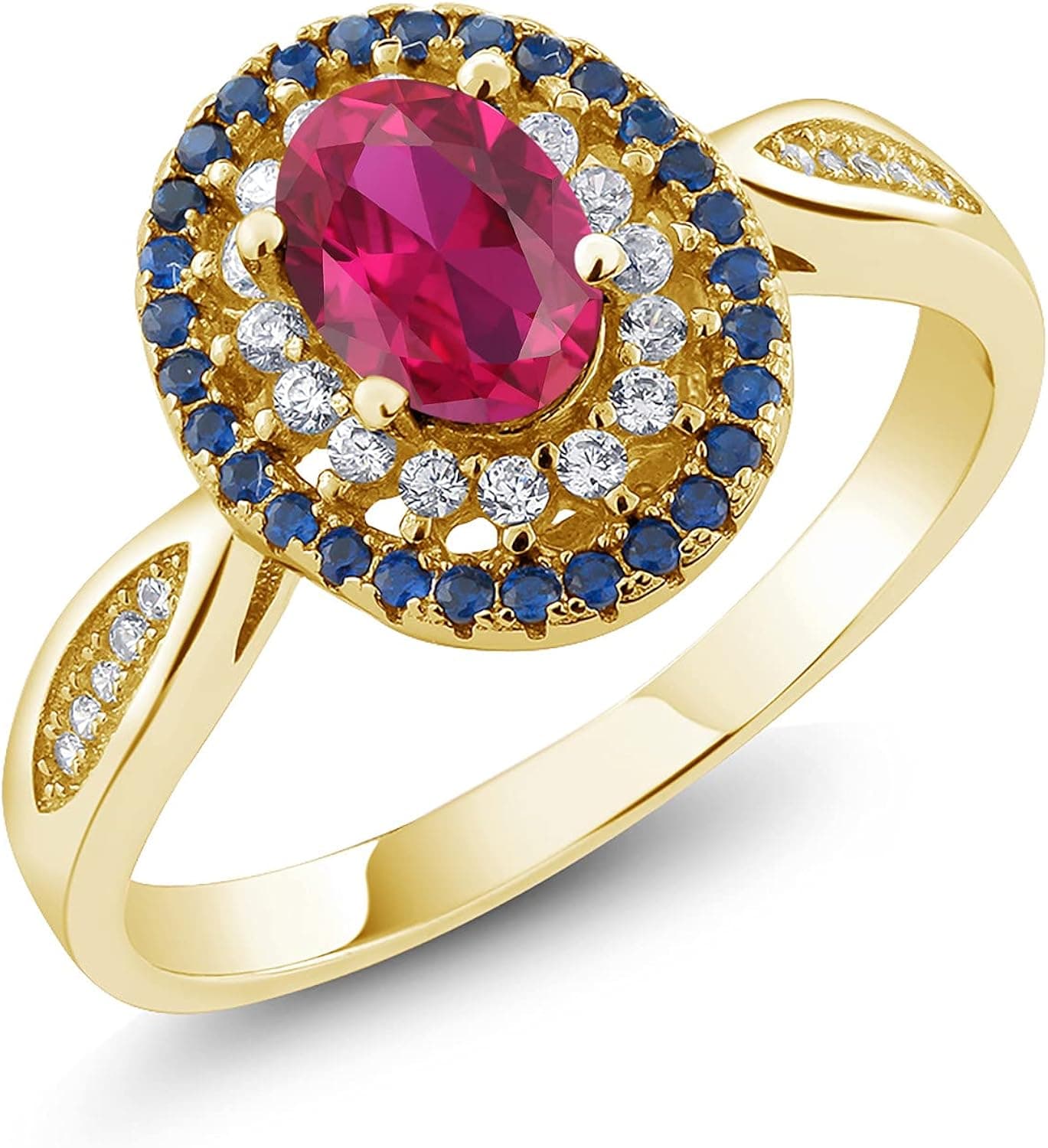 Gem Stone King 18K Yellow Gold Plated Silver Red Created Ruby Women's Engagement Ring 1.54 Ctw Oval (Available 5,6,7,8,9)