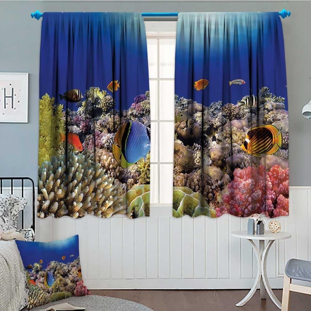 Ocean Decor Collection Home Decoration Thermal Insulated Wild Sea Life Colorful Ancient Coral Reefs and Exotic Fishes Bali Indonesia Picture Blackout Draperies For Bedroom 72"x63" Navy Blue Orange Ol