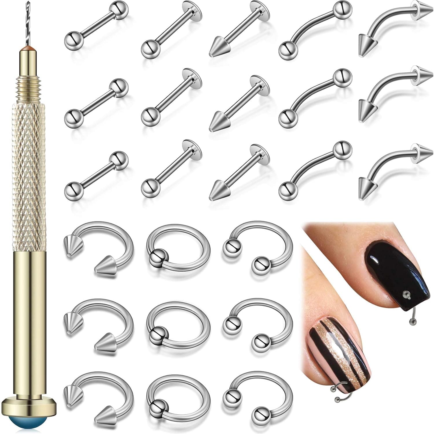 25 Pieces Nail Art Dangle Charms with Nail Piercing Tool Hand Drill, Nail Jewelry Rings Nail Charms Pierced Nail Art Supplies for Tips, Acrylic, Gels Decorations (Silver)