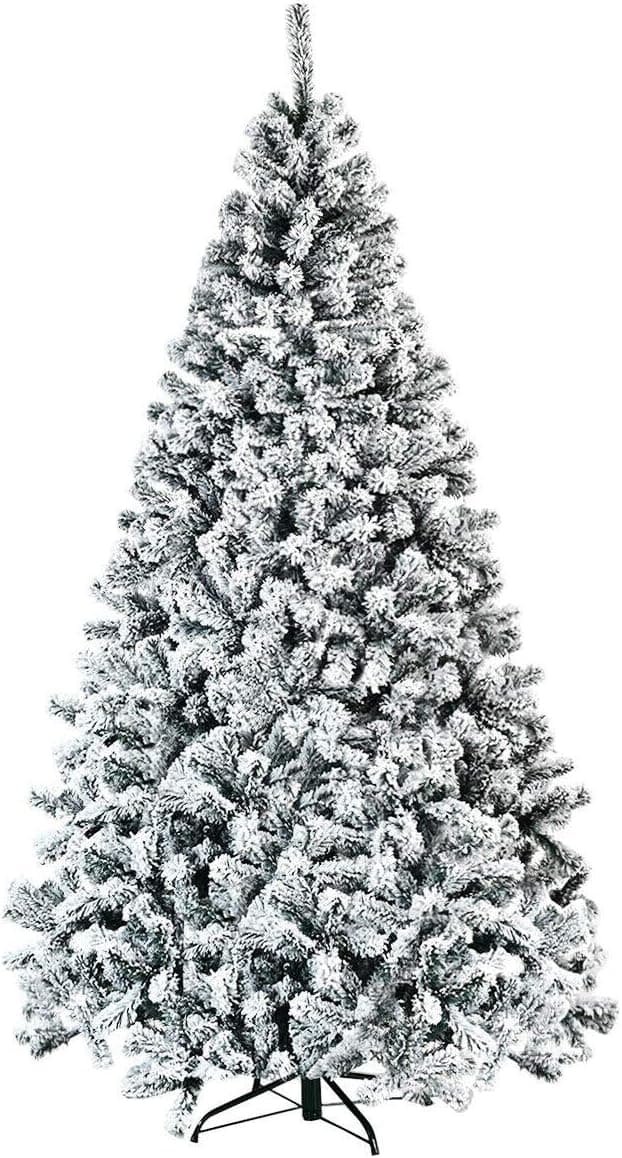 Frolic Racсoon Artificial Tree Unlit Snow Flocked Christmas Tree 9Ft Hinged Metal Stand