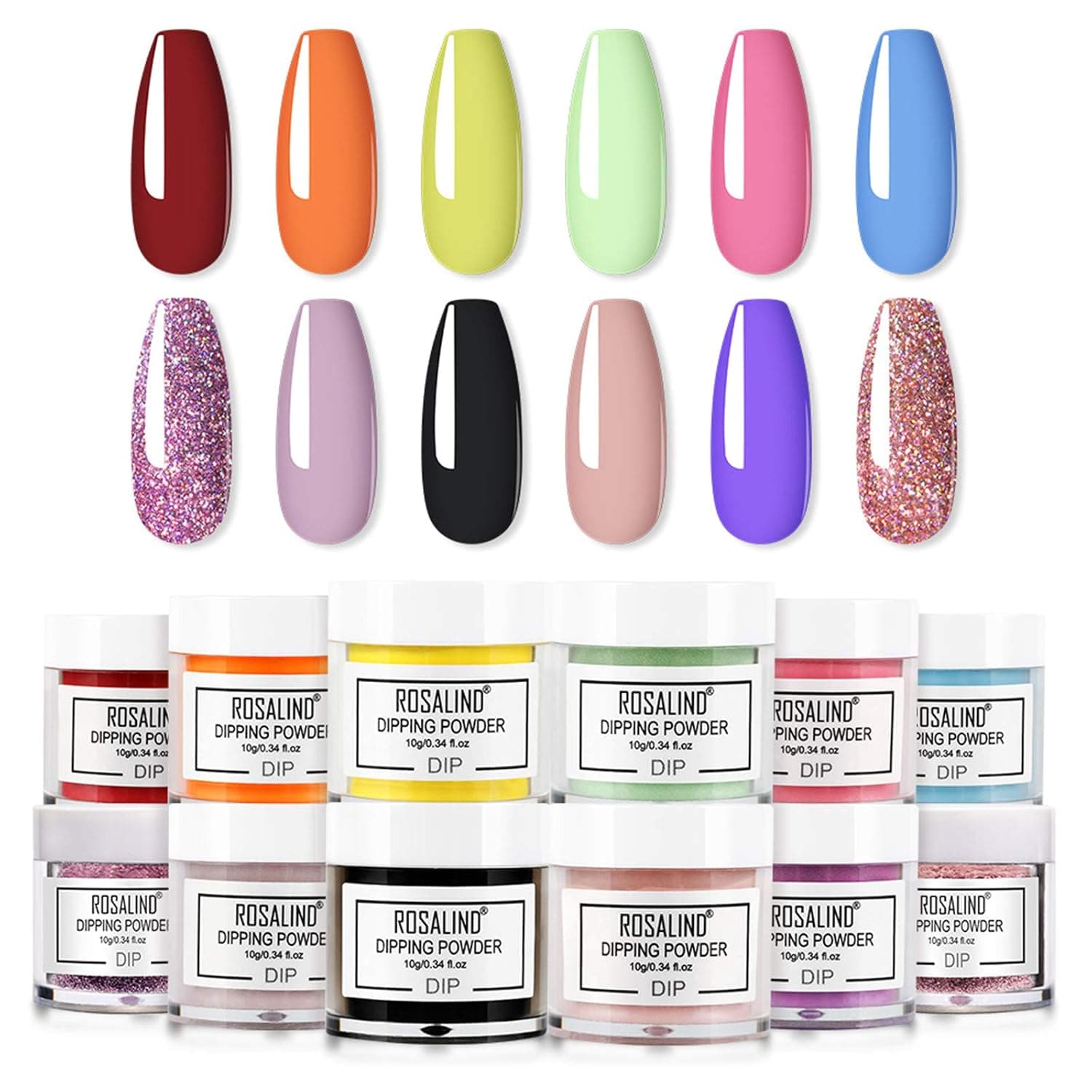 Nail Dip Powder Colors Set 12 Colors Nail Dip Collection Black Orange Nude Glitter Dipping Powder Red Pink Blue Yellow Dip Nails Nude Purple Green Dip Set, No UV/LED Lamp Needed