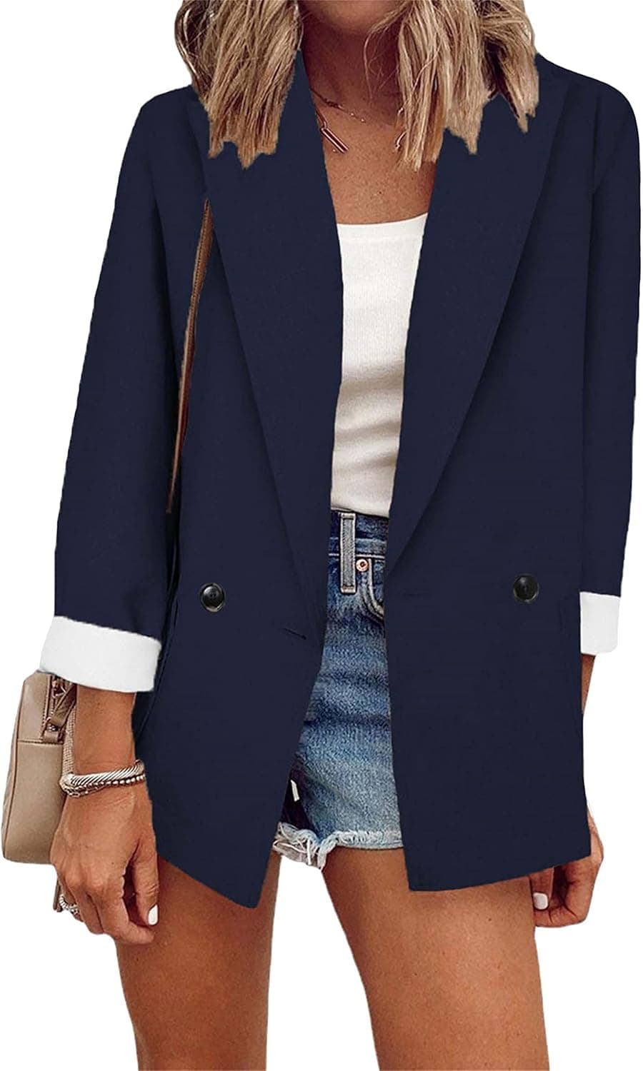 DIACACY Womens Long Sleeve Open Suit Office Business Jackets Work Casual Oversized Blazers Navy Blue L