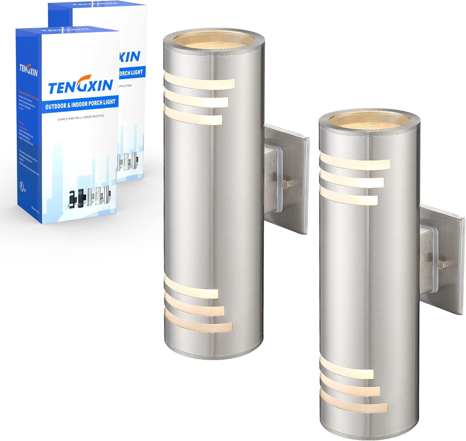 TengXin Outdoor Wall Light,2 Pack Up Down Modern Outdoor Wall Sconce with Stainless Steel Cylinder,Brushed Nickel Finsh Wall Mount Light,E26 Socket,IP65 Waterproof,UL Listed. (Brushed Nickel )