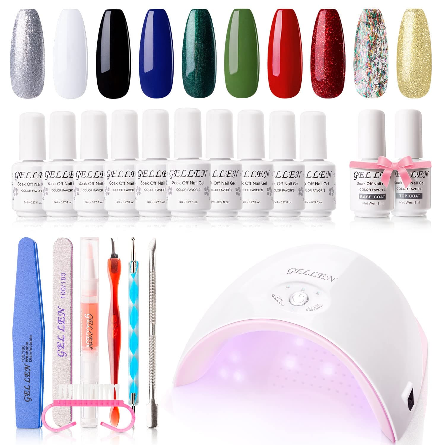 Gellen 10 Colors Gel Nail Polish Kit With UV/LED Light, 24W Nail Dryer& Base Top Coat&Nail Art Tools Starter Kit, DIY Manicure Kit, Vibrant Shades Nail Polish Colors, Home/Salon Manicure Gift Set