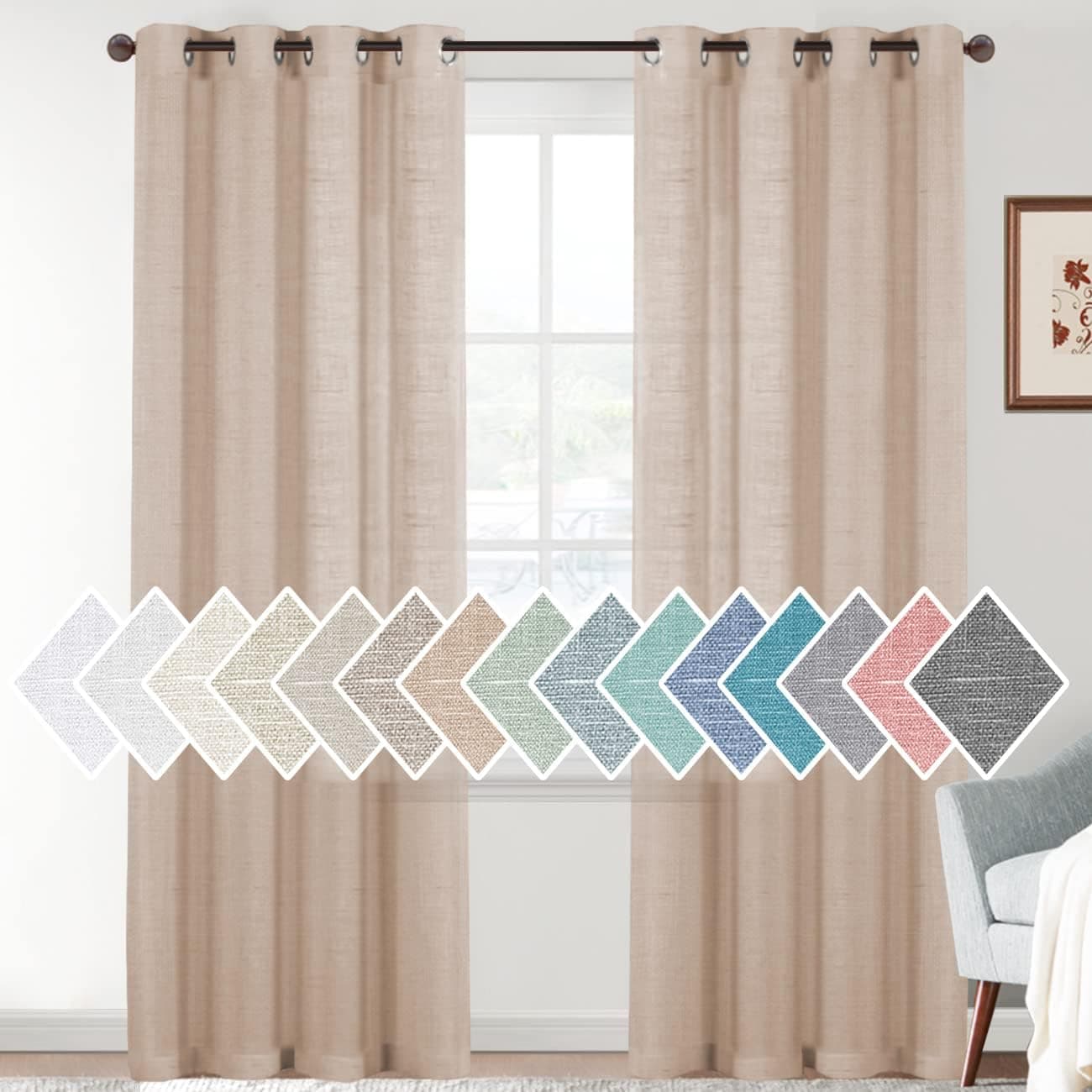 Linen Sheer Curtains 84 Inches Long Grommet Window Treatment Home Linen Curtains Panels Drapes for Living Room/Patio Door, Linen Semi Sheer Curtains Privacy Protection (Natural, 2 Panels)
