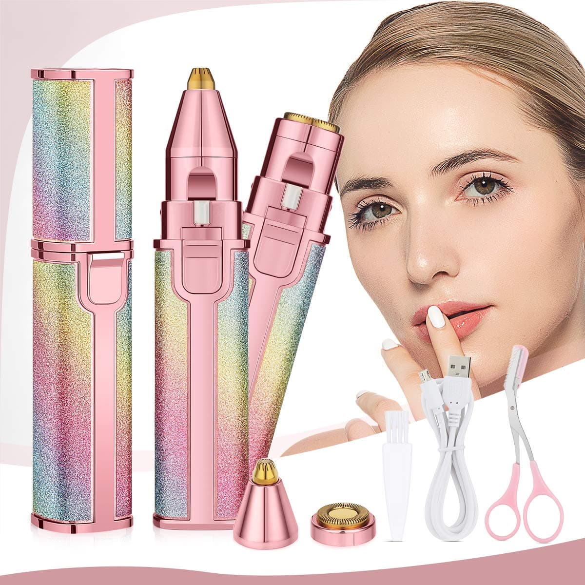 Wirhaut Hair Eyebrow Remover, 2 in 1 Facial Hair Trimmer for Women, USB Rechargeable Painless Eyebrow Razor & Hair Epilators with Light, Portable Electric Shaver for Lips Nose Body Hair Removal