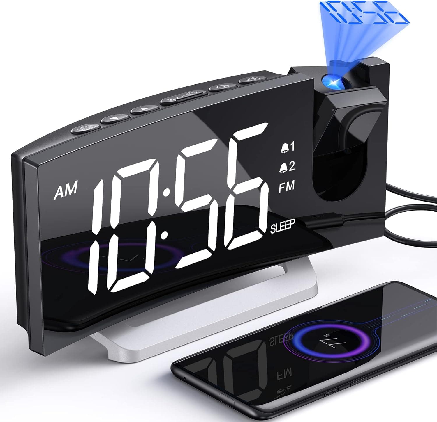 Alarm Clocks for Bedrooms, Multifunctional Clock with FM Radio & Projection, 0-100% Dimmer & Radio Volume, Curved Screen, Dual Alarms, USB Charger, Crystal LED Display,5 Alarm Sounds, Non-slip Base