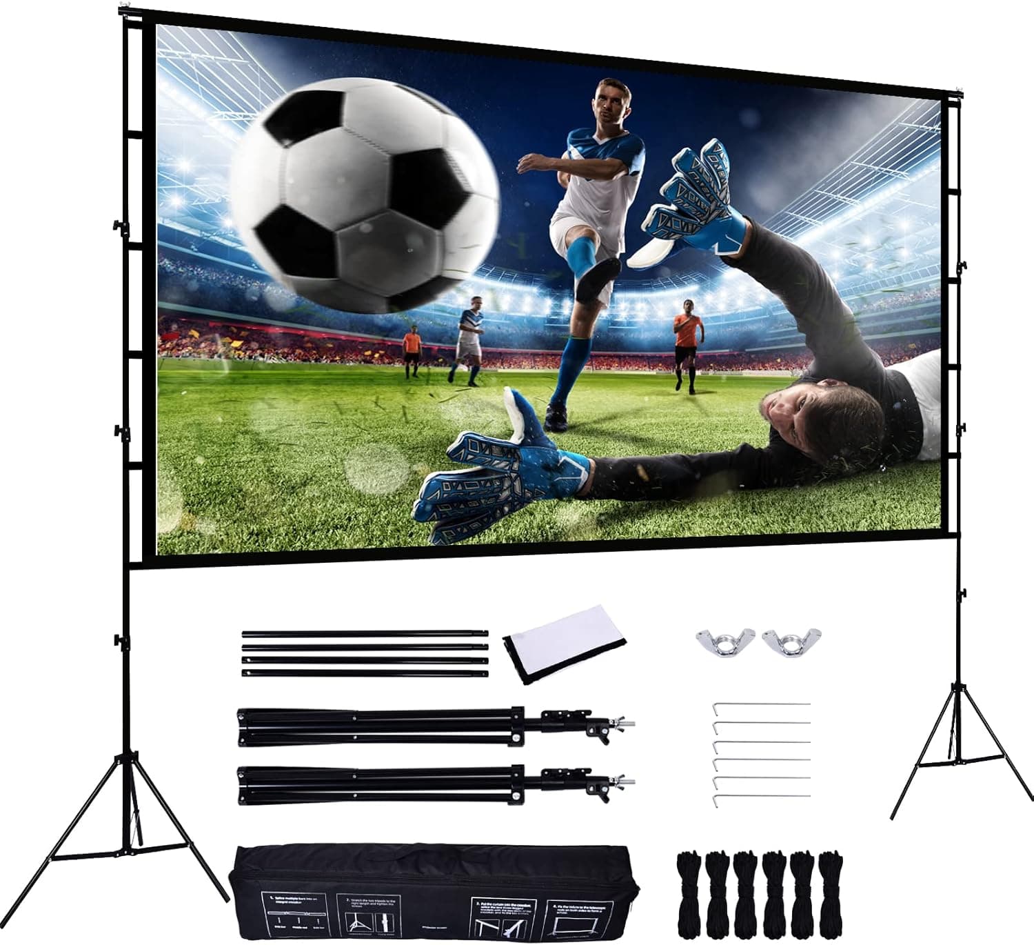 Large 120 Inch Portable Projector Screen with Stand, Assemblable and Detachable Movie Projection Screen Outdoor & Indoor, Height Adjustable Movie Screen with Carry Bag, Ropes, Ground Plugs