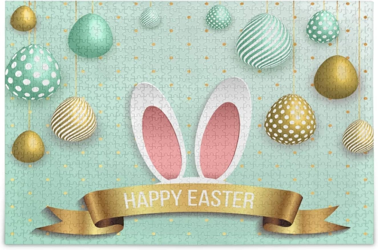 Dotted Green Gold Eggs Jigsaw Puzzle 500 Pieces Easter Bunny Ears DIY Wall Art Intellectual Decompressing Fun Game for Adults Teens