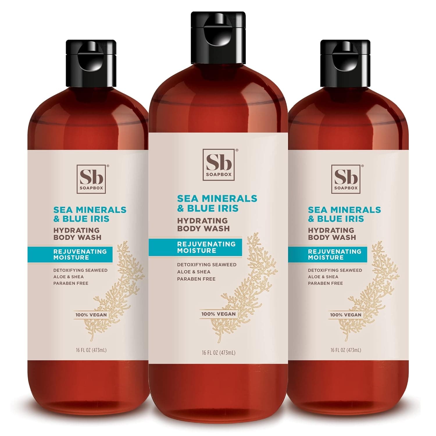 Soapbox Body Wash, Sea Minerals & Blue Iris - Moisturizing Body Wash Cleanser w/ Aloe Vera & Shea Butter | Paraben Free, Gluten Free, Silicone Free, Cruelty Free & Vegan Body Wash, 16oz Bottles (Pack of 3)