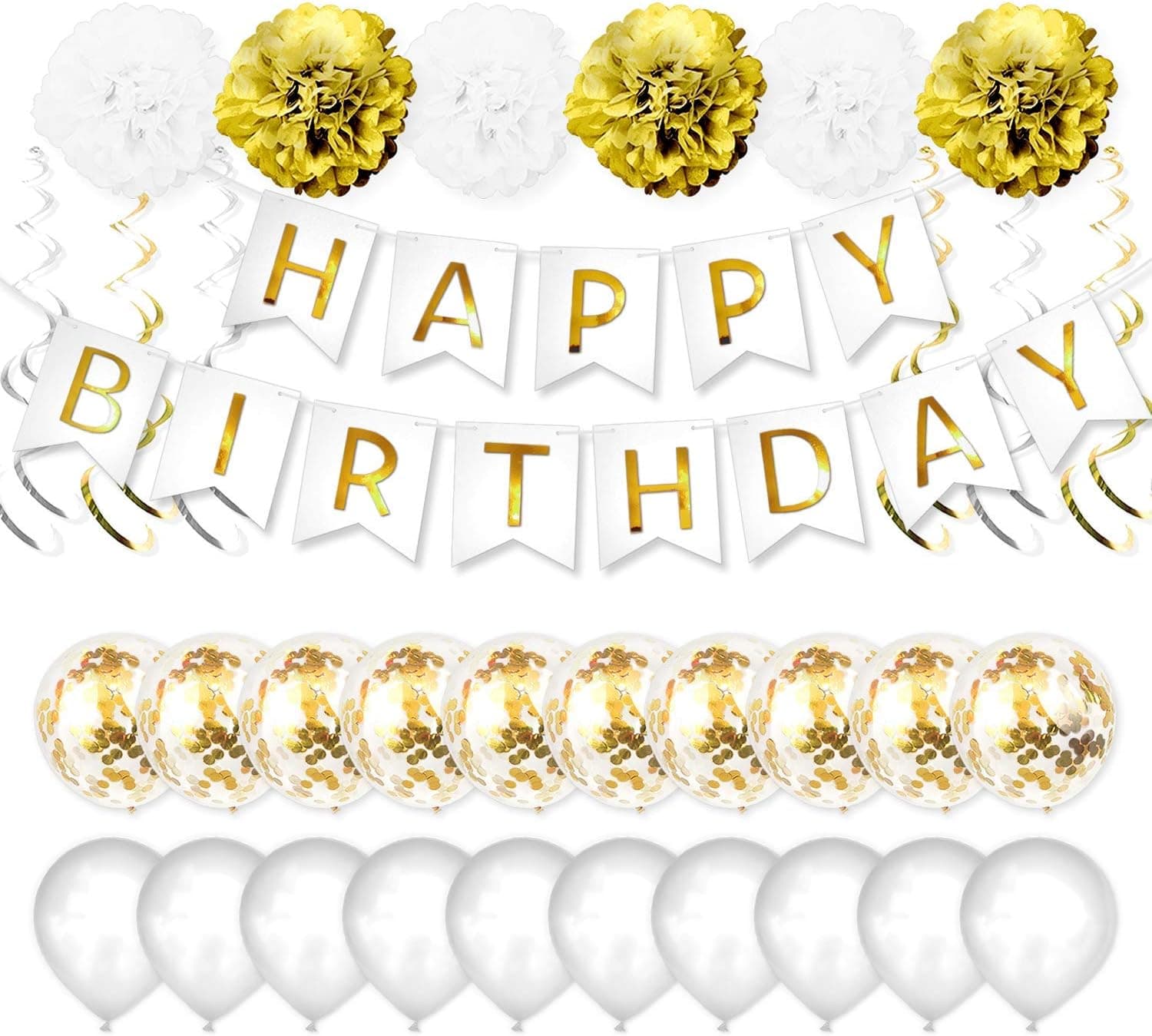 Gold Happy Birthday Banner Birthday Party Decorations Kit with Latex and Confetti Balloons, Pom Poms Flowers, Gold and Silver Foil Paper Swirls Supplies for Men and Women