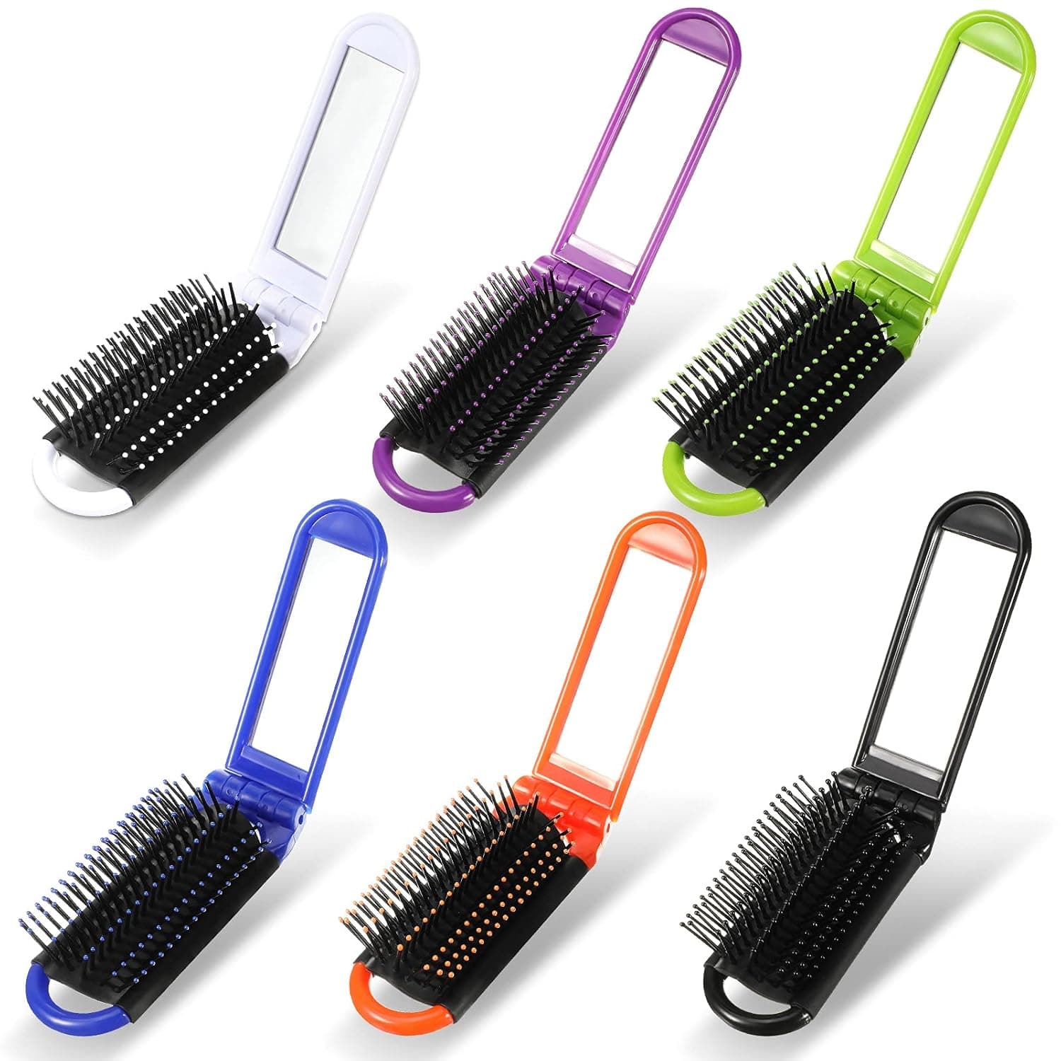 Folding Hair Brushes Portable Mini Hair Brushes with Mirror Compact Pocket Travel Hair Brush for Car Purse Gym Trip Swimming, 6 Colors (Dark Color,6 Pieces)