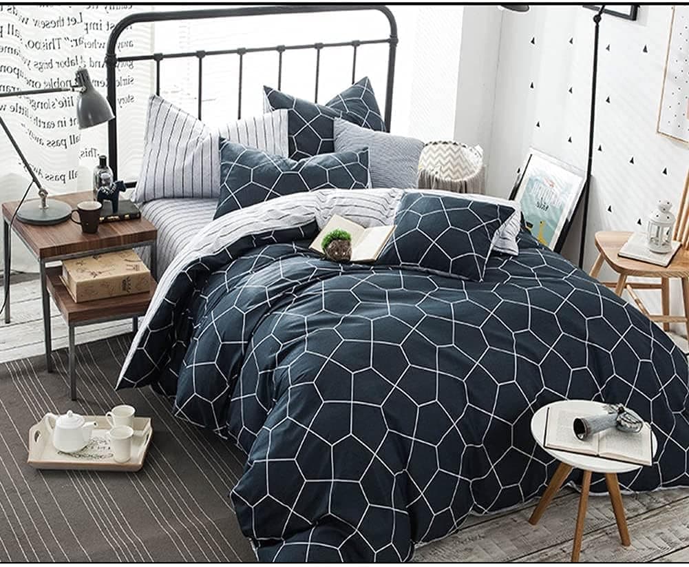 Duvet Cover Set Full Size Navy Blue, 3 Piece 80x90 inch Geometric Diamond Pattern Luxury Microfiber Bedding Comforter Quilt Cover with Zipper Closure, Ties - Modern Style for Men and Women