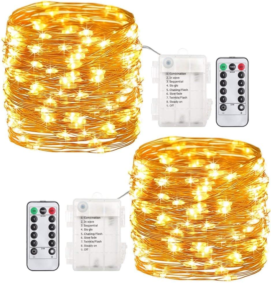 Vegkey Fairy String Lights - 2 Pack 33ft, 100 Led Battery Operated Waterproof Decorative Light with Remote Control Timer 8 Modes, Copper Wire Decor Lights for Bedroom, Wedding, Indoor, Outdoor, Party